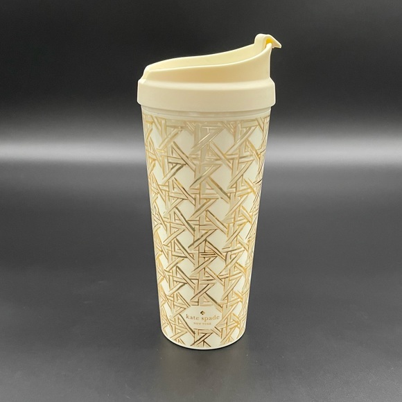 Kate Spade New York 16oz White and Gold Caning Thermal Mug Travel Mug - Picture 1 of 12